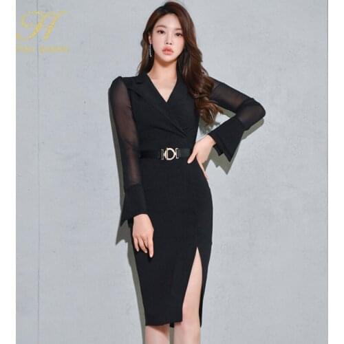 H Han Queen Autumn Bodycon Sheath Pencil Dresses Korean style Suit collar Slim Stitching Mesh Office Party Split Black Dress