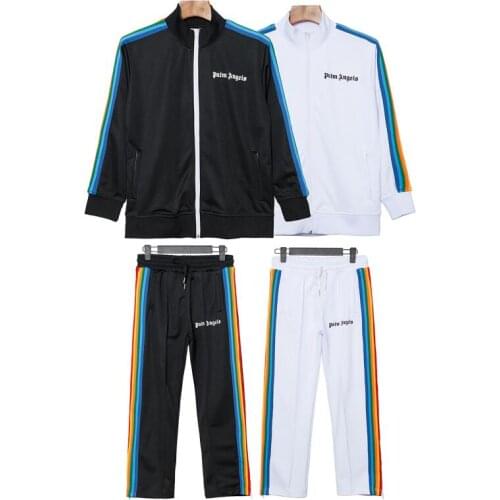 Palm Angels Fashion Rainbow lines Men Women Lovers Style Sports Jacket Sportswear Set Long sleeve pants Trousers boyfriend gift