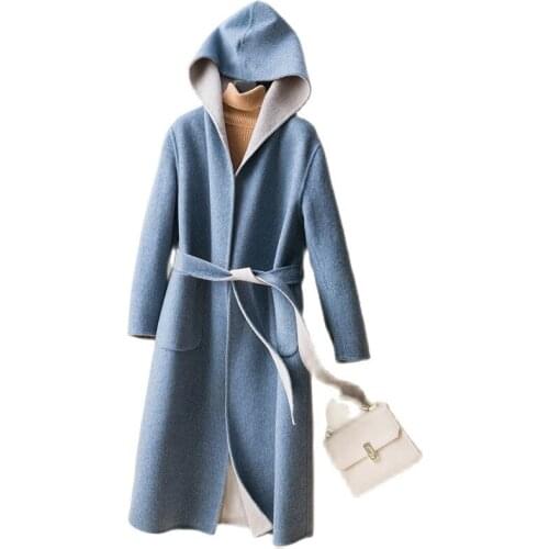 Womens Double-Sided Wool Overcoat Two-Tone Woolen Coat Loose Hooded Cashmere Outerwear Female Windbreaker Belt Clothes