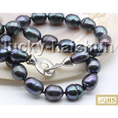 Genuine 17" 13mm rice peacock Black pearls knotted necklace 925s clasp c37