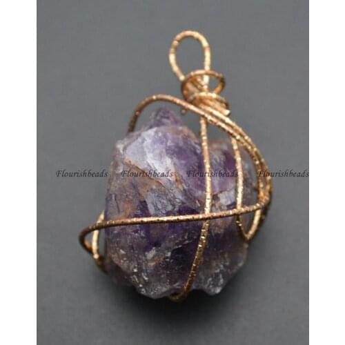 Handmade Wire Wrapped Natural Amethyst Rough Mineral Stone Pendants Necklace making supplies