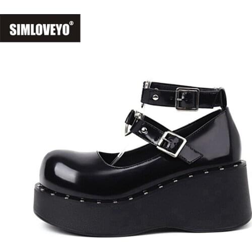 SIMLOVEYO Womens Lolita Metal Buckle Round Toe Heart Gothic Punk Pumps Creepers Japanese Harajuku Platform Black Thick Bottom