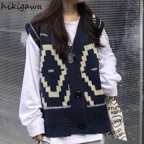 Hikigawa Sweater Vests Vintage Sleeveless V Neck Men Tops Vest Women Sweaters Loose Indie Clothes Aesthetic Tanks Y2k Cardigans