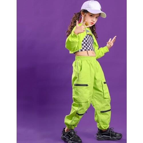 2021 Hip Hop Dance Clothing for Girls Green Crop Top Cargo Pants Festival Clothing Sports Suit Jazz Street Dance Wear Kids Suits