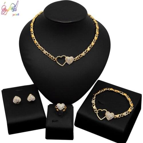 Yulaili hugs and kisses Necklace Heart Gold Color Crystal Earrings Bracelet Ring for Women Party Gifts Wedding Jewelry Sets
