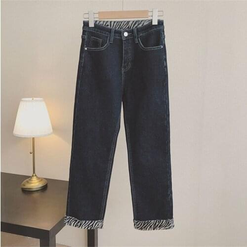 Autumn Zebra Print Fleece Stitching Pencil Jeans Women High Waist Oversized 5xl Korean Slim Skinny Blue Streetwear Warm Trousers