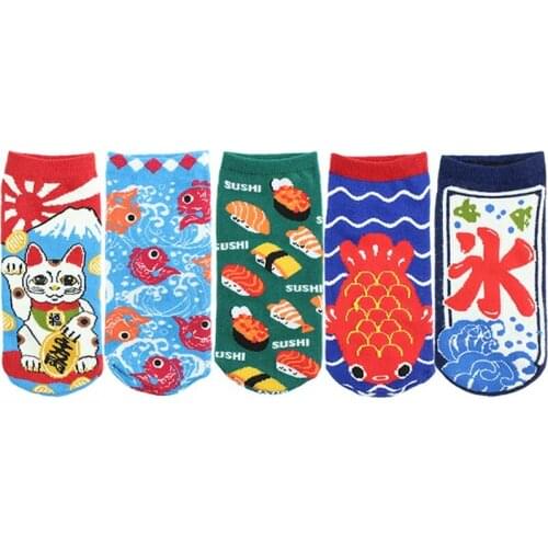 Womens Cartoon Socks Creative Printing Cat Fish Sushi Pattern Art Funny Socks Cute Animal Funny Socks Harajuku Cartoon Japan