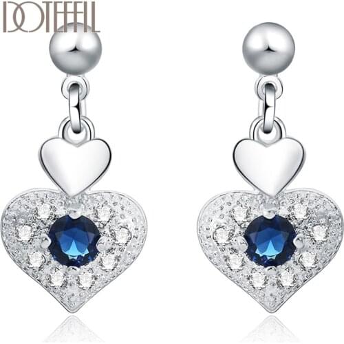 DOTEFFIL 925 Sterling Silver Heart Blue Zircon Drop Earring For Women Wedding Engagement Party Fashion Charm Jewelry