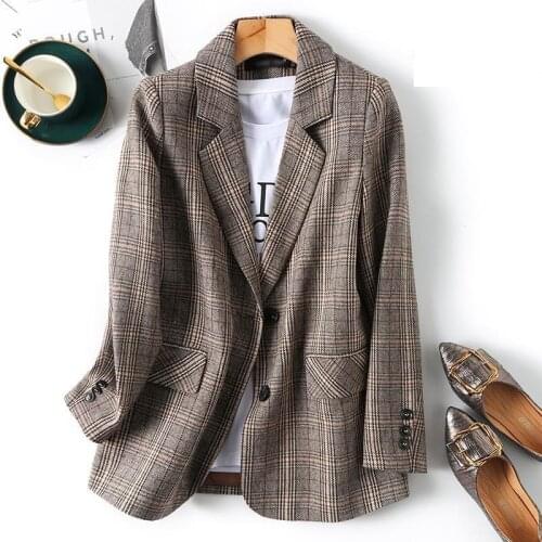Vintage Plaid Blazer Jacket Elegant Women Coat 2021 Spring Autumn New Loose Outwear Chic Casual All-match Female Plaid Suits Top
