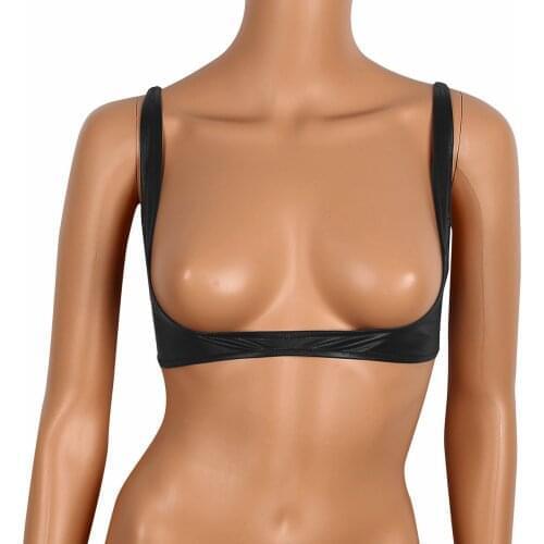 Women Sexy Erotic Bra Lingerie Harness Top PU Leather Exposed Breasts Nipples Adjustable Wire-free Open Cup Rave Bras Adjustable