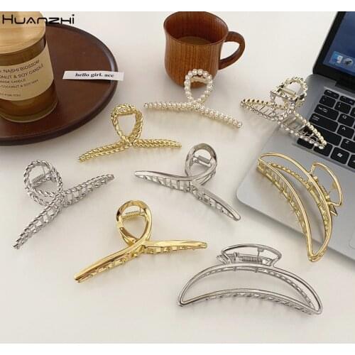 HUANZHI 2020 New Vintage Metal Gripper Pearl Rhinestone Cross Gold Silver Gray Color Large Bath Clip for Women Hair Accessories