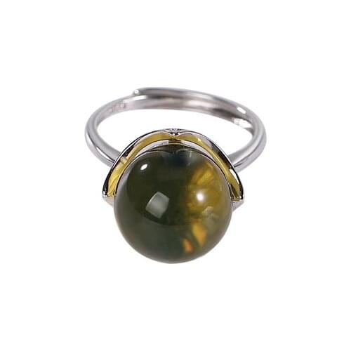 S925 sterling silver natural Mexican blue amber ring personality minimalist elegant round beads Womens Open ring