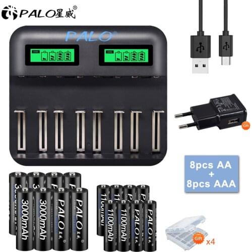 8Pcs 1.2v AA Battery Rechargeable+1.2V Nimh AAA Rechargeable Battery+Smart Battery Charger For 1.2V Nimh AA AAA Type D Battery