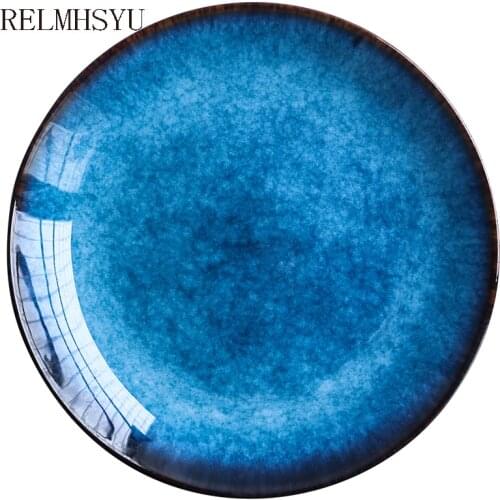 1PC RELMHSYU Japanese Retro Style Deep Blue Ceramic Western Food Round Plate Food Steak Dinner Plate Household Restaurant