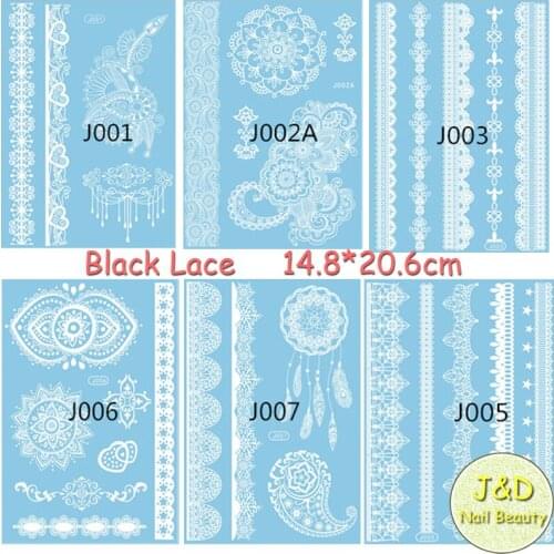 12pcs White Wedding Bridal Lace Striping Watertransfer Temporary Body Tattoo Sticker Black Baroque Necklace Decal