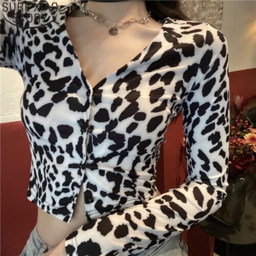 2021 New Sexy Milk Leopard Shirt Tight Short Navel Blouse Long Sleeve Cardigan Bottoming Blouse Fashion V-neck Tops Blusas 12327
