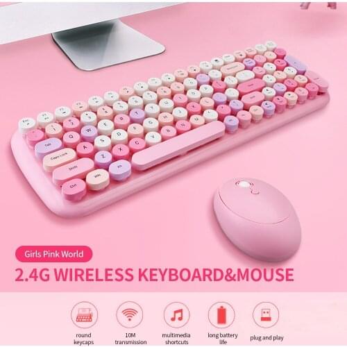 2.4G Wireless Keyboard&Mouse Combo 100 Key Round Keycaps Ergonomic design Mixed Color Mini Girls Keyboard for Laptop Office use