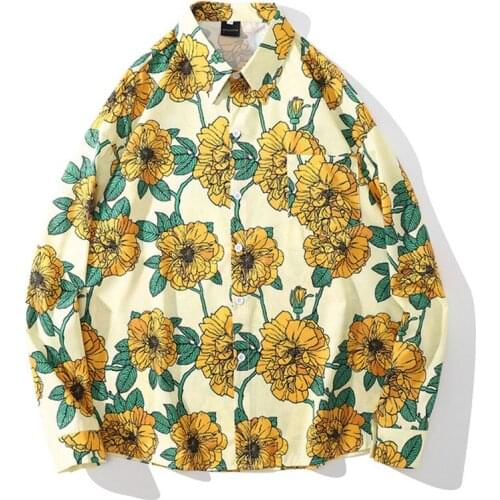Long Sleeve Blouses Men Hip Hop Sunflowers Floral Print Shirt Harajuku Hipster Fashion Casual Blouse Women Button Shirt Tops