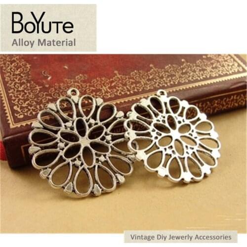 BoYuTe (40 Pieces/Lot) 32.5MM Antique Silver Metal Hollow Round Flower Charms for Jewelry Making Vintage Pendant Diy Handmade