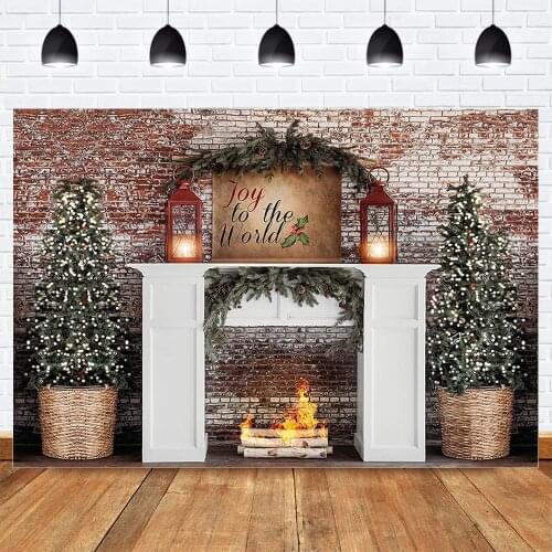 Christmas Fireplace Photography Backdrop Christmas Tree Background Vintage Brick Wall Christmas Holiday Backdrops Children Photo