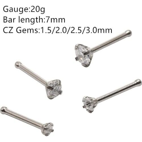 Wholesale 50pcs/Lot CZ Sliver Nose Stud Bone Pin Surgical Steel Nose Studs Nose Piercing 20gX7mmx1.5mm 2mm 2.5mm 3mm
