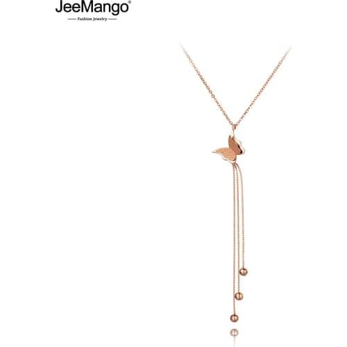 JeeMango Trendy Bohemia Stainless Steel Butterfly Animal Necklaces Jewelry Rose Gold Tassel Pendant Necklace For Women JN20019