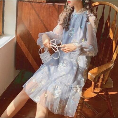 Hstar Sweet Dresses Summer 2021 Vintage Elegant Floral Blue Midi Dress Women French Kawaii Long Sleeve Embroidery Dress