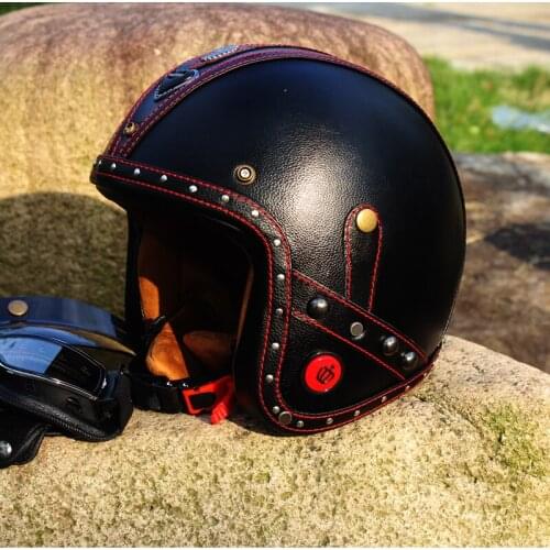 New Synthetic Leather Motorcycle Helmet Retro Vintage Cruiser Chopper Scooter Cafe Racer Moto Helmet 3/4 Open Face Helmet