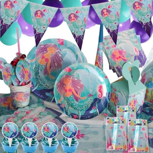 Mermaid Party Tableware Supplies Kit Pool Birthday Baby Shower Dinnerware Wedding Cutlery Plates Cups Napkins Utensils Sets