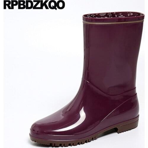 Cheap Designer Shoes Women Luxury 2021 Wide Calf Round Toe Boots Mid Block Rubber Chunky Purple Waterproof Pvc Slip On Jelly