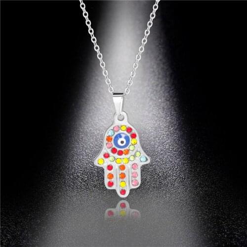Stainless Steel Hand of Fatima Pendant Necklace for Women Link Chain Evil Eyes Rhinestone Jewelry High Quility Birthday Gift