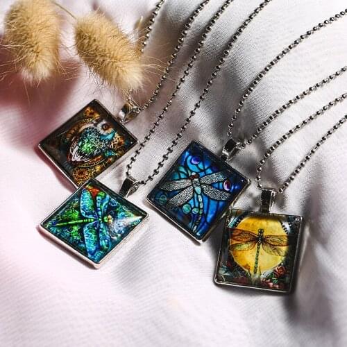 Vintage Painting Owl Dragonfly Animal Necklace Square Glass Pendant Bead Chain Fashion Women Bohemia Colorful Necklace Gift