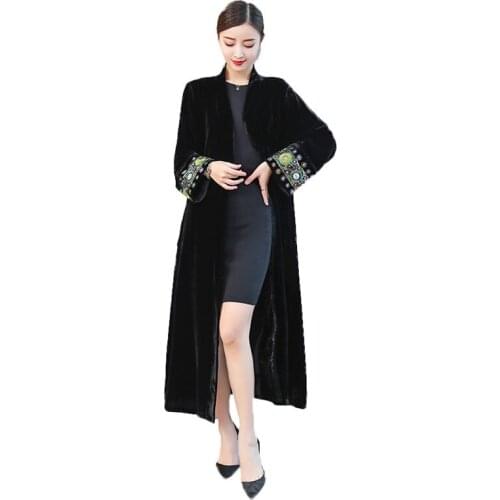 Coats Black Velvet Outerwear 2021 Elegant Embroidered Cardigan Large Size Windbreaker Overcoat Women Spring Autumn Long Trench