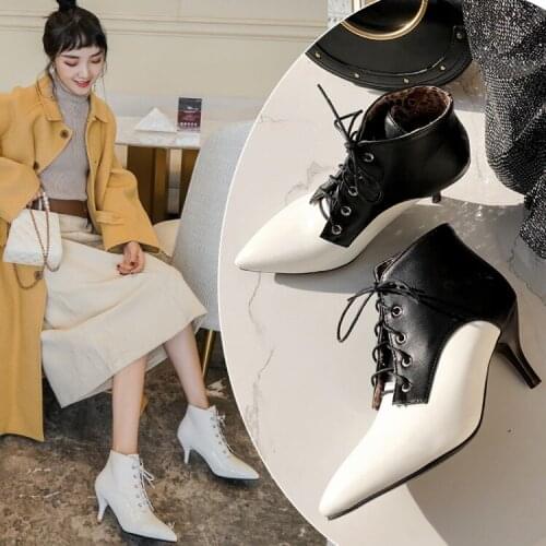 PXELENA Women Ankle Boots Women Lace Up Thin Stiletto High Heels Shoes 2019 Autumn Winter Fashion Office Lady Short Boots 34-43