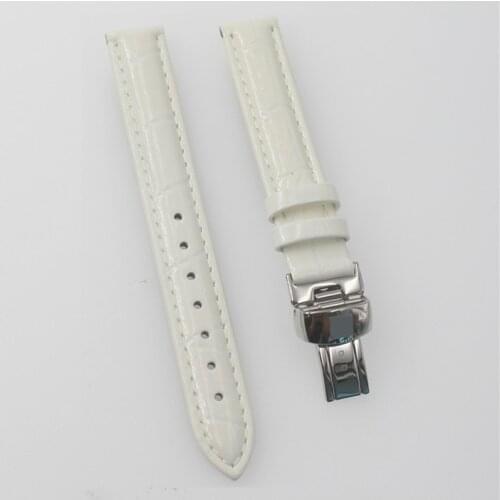 14mm (Buckle14mm) T02 High Quality Silver Butterfly Buckle + White Genuine Leather Watch Bands Strap Woman