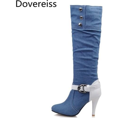 Winter For Woman Fashion Sexy Pointed Toe Shoes Jeans boots Zipper Clear Heels Boots Stilettos Heels Knee high boots 33-43