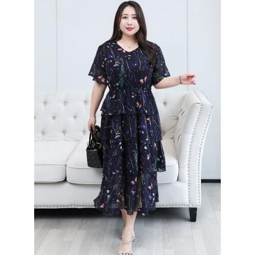 V-neck High Waist Thin Summer Chiffon Dress Ruffles Floral Print Mid-length Slim 4XL To 8XL Plus Size Casual Dress T1005