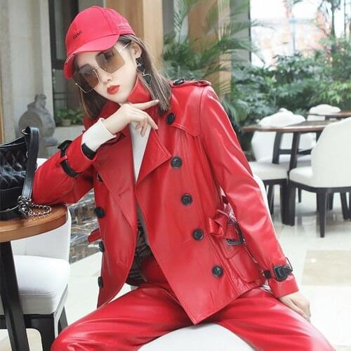 Factory New Arrival Women Fashion Genuine Leather Windbreaker