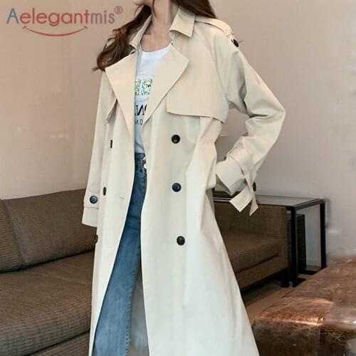 Aelegantmis Korean Loose Trench Coat for Women Boyfriend Doubl Breasted Belt Oversized Female Windbreaker Vintage Outerwear 2021
