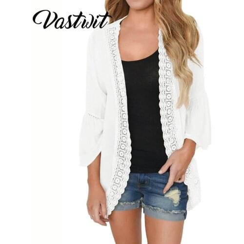 Womens Kimono Cardigans Ruffle Bell Sleeve Sweaters Lace Cover Up Loose Blouse Tops