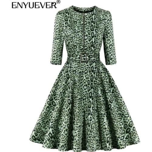 Enyuever Leopard Dress Women Clothes Cotton 3/4 Sleeve Belt Pockets O Neck Robe Pin Up Swing Retro Vintage Party Casual Dresses