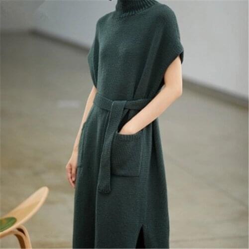 100% hand made pure wool turtleneck knit women fashion adjustable waist open hem solid A-line long dress sweater customized