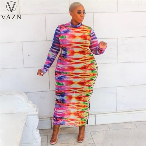 VAZN 2021 Autumn Plus Size High-end Sexy Mature Retro Elastic Turtleneck Full Sleeve Skinny Long Dress Women For Evening Robe