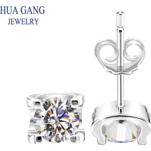 925 Sterling Silver Sparkling Wedding Jewelry Stud Earrings D Color Round Moissanite Diamond Gemstone Earrings 0.5CT 1CT D Color