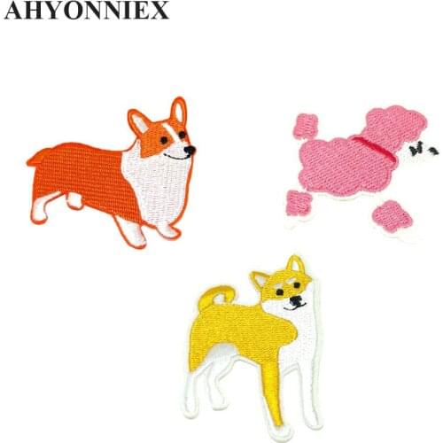 AHYONNIEX 3pcs/lot Embroidered Pink Poodle Shiba Corgi Patches Clothes Bags DIY Dog Applique Parches Iron On Patch for Clothes