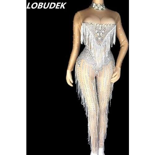 Sparkly Rhinestones Tassels Jumpsuit Long Sleeve Stretch Rompers Lady Singer Sexy Nightclub Costume Party Celebration Stage Wear