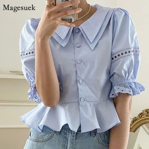 Elegant Womens Shirt Summer Hollow Out Lace Blouses Women Turn-down Collar Korean Short Sleeve Blouse Vintage Fashion Top 14858