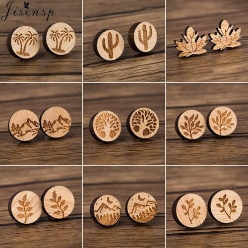 Jisensp Vintage Plant Wood Stud Earrings for Women Kids Stainless Steel Needle Jewelry Cute Piercing Geometric Earing Pendients