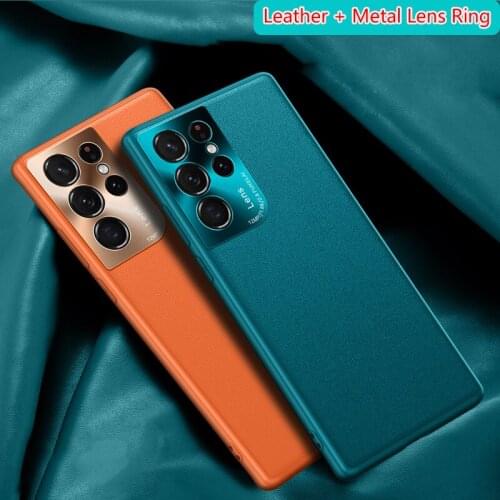 Leather Metal Camera lens protective film Ring Phone case For Samsung Galaxy S21 Ultra S21 PLUS Back Cover For Galaxy S21U Cases