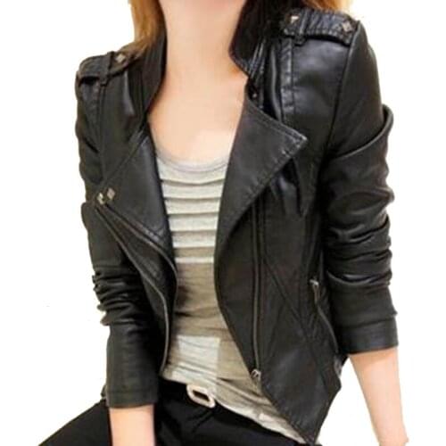 Short Style Slim PU Leather Women Spring Fall Locomotive PU Leather Stand Collar Zipper Fashion Jacket Coat Slim small leather